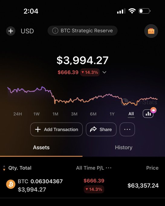 A mobile screenshot of a Bitcoin tracking app showing a BTC Strategic Reserve portfolio valued at $3,994.27 (0.06304367 BTC), with an all-time gain of $666.39 (+14.3%) against the current BTC price of $63,357.24, despite visible market declines across all timeframes. This directly visualizes Valerie's Bitcoin accumulation progress, displaying the exact quantity (0.06304367 BTC) and total value referenced in her post about the strategic reserves challenge.