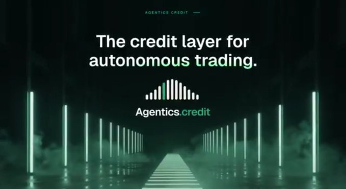 A promotional graphic for 'Agentics Credit' with the tagline 'The credit layer for autonomous trading' over a dark green futuristic corridor with glowing vertical lights.