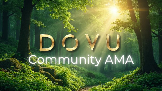 The image displays the text "DOVU Community AMA" in elegant gold and white lettering, set against a lush, sunlit forest background with rays of light streaming through the trees. The serene natural scenery complements the post's announcement of a DOVU Community AMA scheduled for July 9th, symbolizing a fresh and open discussion space for the community.