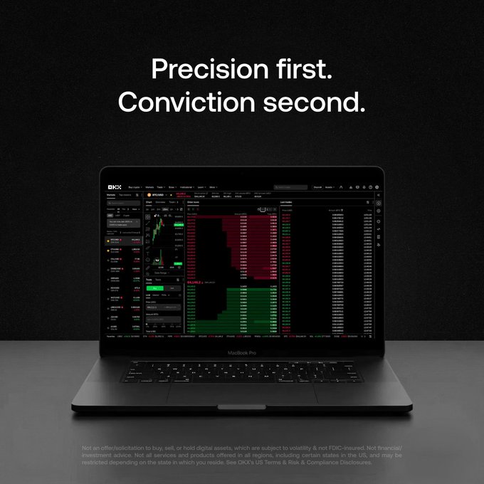 A MacBook Pro displays an OKX cryptocurrency trading platform showing a depth chart with green and red order book data, set against a dark background with the tagline "Precision first. Conviction second." The image visually reinforces the post's message about unified global order books by showing the consolidated liquidity that enables precise execution without slippage from fragmented markets.