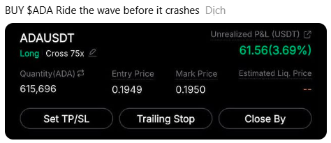 A cryptocurrency trading interface for ADAUSDT showing a long position with 615,696 quantity, entry price of 0.1949, and unrealized P&L of $61.56 (3.69%).