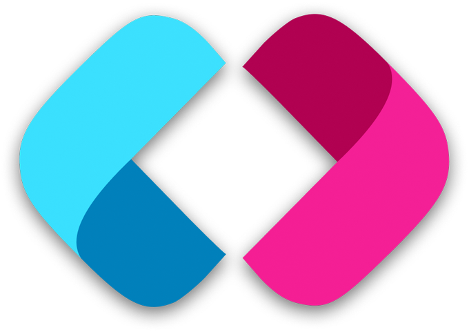 A colorful logo consisting of two interlocking rounded rectangular shapes, one light blue/dark blue and one dark magenta/bright pink, forming a diamond-like design.