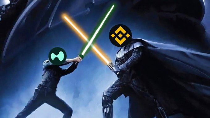 A lightsaber duel scene with one figure wielding a green blade and another in dark armor with a cape holding a yellow blade; both characters have their faces replaced with cryptocurrency logos (a green token and a yellow Binance logo).