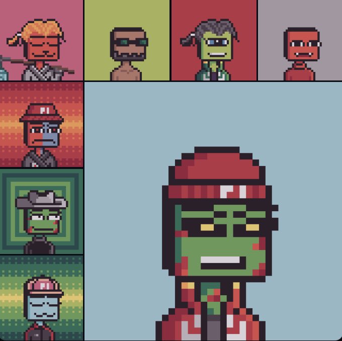 Pixel art character creator screen showing a green-skinned zombie-like character in a red cap and jacket, with various hair, skin, and accessory options displayed in smaller preview panels.