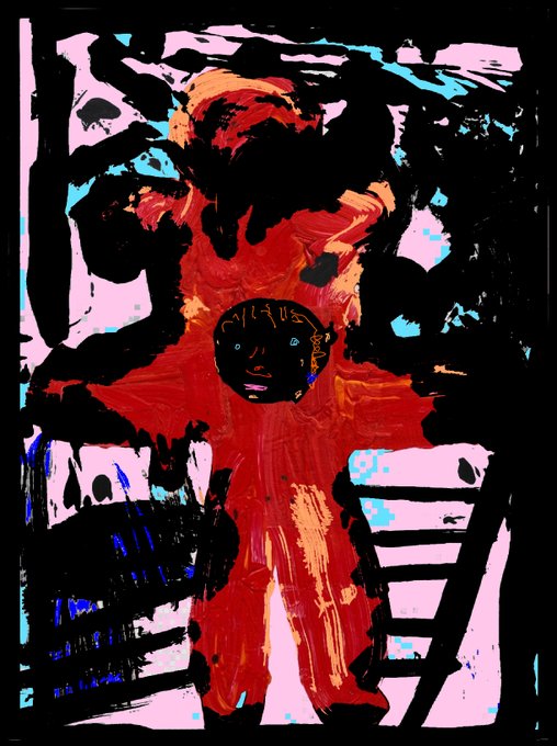 A figure in red stands central against a chaotic backdrop of black, pink, blue, and orange brushstrokes, flanked by ladder-like structures, embodying the raw struggle and fragmented identity suggested by the title "The Struggle of a Human."