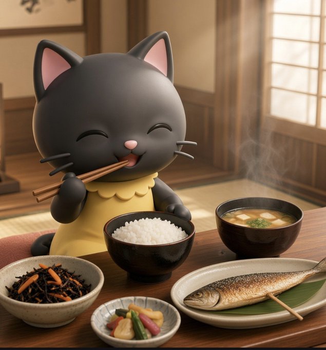 A 3D-rendered cartoon black cat character happily eats with chopsticks at a Japanese-style meal featuring rice, miso soup, grilled fish, and vegetables.