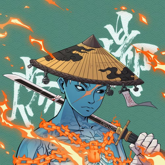 A blue-skinned anime character wearing a straw hat and surrounded by flames holds a sword over his shoulder, with large Japanese-style characters in the background.