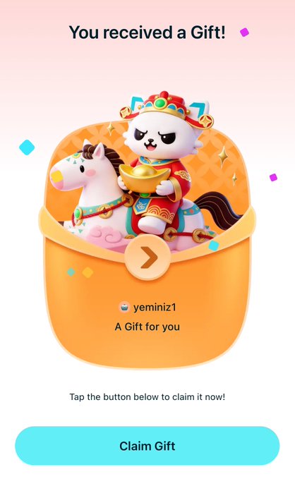 The image shows a "You received a Gift!" notification from user "yeminiz1" with a cute cartoon panda on a horse holding a gold ingot, alongside a "Claim Gift" button. This directly relates to the post's instruction to claim free USDC on Bitget Wallet by binding the username "yeminiz1" to your account, displaying the in-app gift notification that appears after completing the binding process.