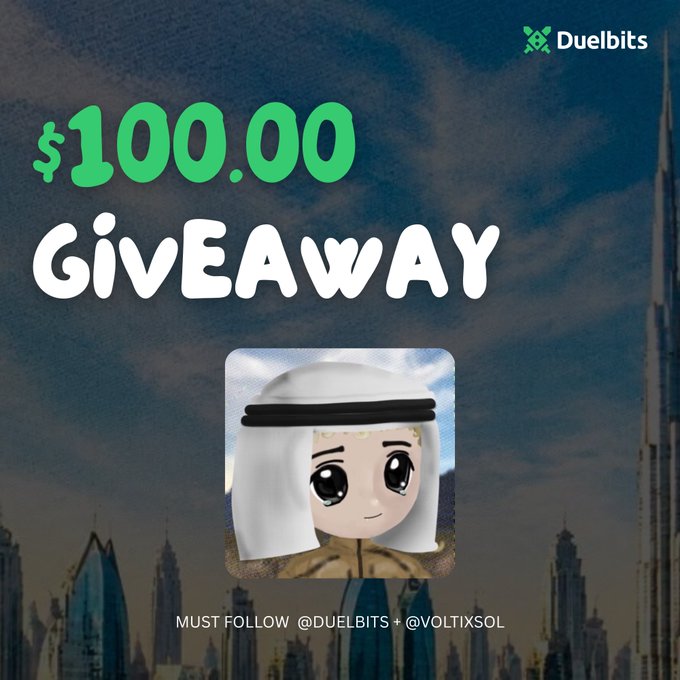 A $100 giveaway from @Duelbits and @VOLTIXSOL, featuring a cute avatar with a white headscarf and black band, displayed against a Dubai skyline backdrop to convey the prize's value.
