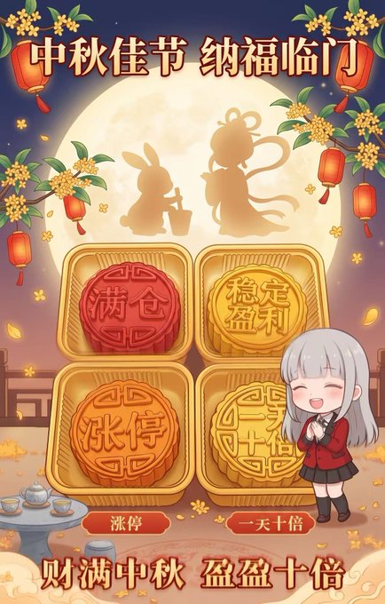 A Mid-Autumn Festival promotional image with Chinese text '中秋佳节 纳福临门' and '财满中秋 盈盈十倍', featuring mooncakes labeled '满仓', '稳定盈利', '涨停', '一天十倍', and an anime-style character.