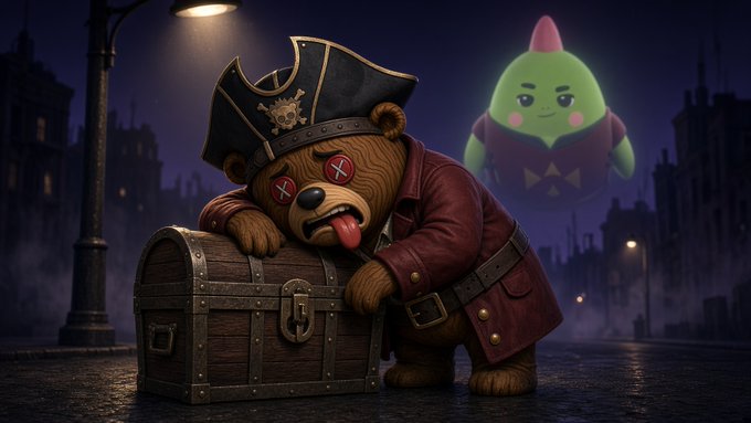 A 3D rendered scene of a pirate-styled teddy bear with X-shaped eyes and its tongue sticking out, leaning on a treasure chest while a green cartoonish character floats behind it in a dark alleyway.