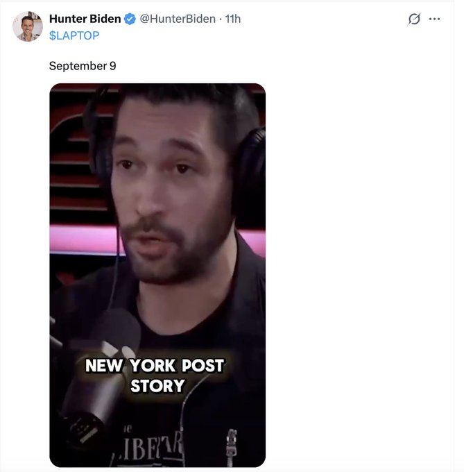 The image shows a screenshot of a tweet from Hunter Biden's verified X (formerly Twitter) account (@HunterBiden), posted 11 hours ago, with the caption "$LAPTOP" and "September 9" visible above a video still. The video features a man wearing headphones and speaking into a microphone in what appears to be a podcast studio setting with red and black striped lighting in the background, with the caption "NEW YORK POST STORY" overlaid in bold white text at the bottom. The tweet appears to be promoting a meme token launch tied to the well-known Hunter Biden laptop controversy, which is referenced in the accompanying post warning about the speculative nature of celebrity-endorsed cryptocurrency tokens like $LAPTOP.