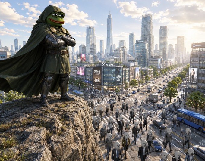 A cloaked Pepe the Frog stands triumphantly on a rocky outcrop overlooking a futuristic cityscape, while crowds of identical suited figures march below past billboards displaying "X PLAZA," "Coffee & Coded," and "X NORM." The image plays on the post's meme culture by depicting Pepe as a heroic, godlike figure surveying his loyal "maxi" followers, satirizing the cult-like devotion of $PEPE holders who treat the frog jpeg as their supreme leader and ideology.