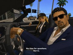 The image features a man wearing sunglasses, driving a car with a woman sitting next to him as his passenger. They are both dressed in suits and appear to be enjoying their time together. The text "literally me on my way to summit" is written above them, which could potentially be a reference to the game they are playing or an event happening nearby.

The post also includes a link that reads "No time for questions. Get in." This might suggest that there's something important or interesting happening at this location and encourages players to engage with it.