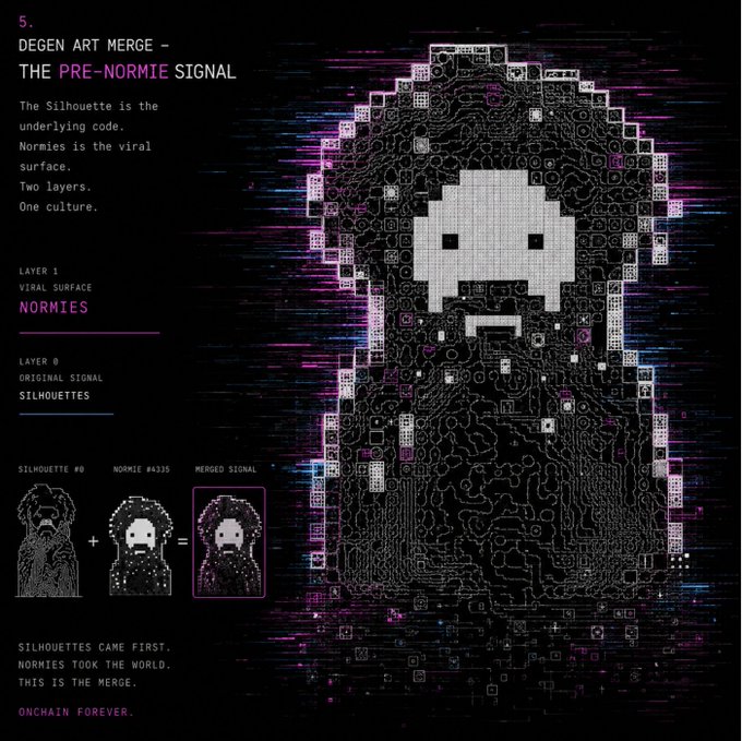 Digital artwork titled 'Degen Art Merge – The Pre-Normie Signal' depicting a pixelated ghost-like figure with text explaining the merging of Silhouettes and Normies layers, labeled 'Onchain Forever'.