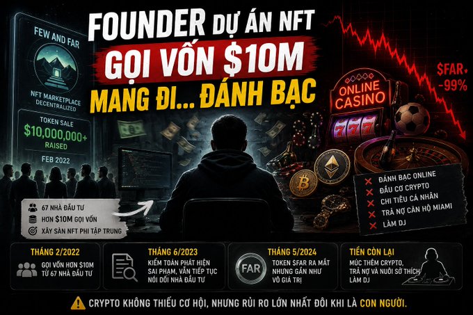 A Vietnamese-language infographic about 'FEW AND FAR' NFT project founder who raised $10M but lost it gambling on online casinos and crypto, showing the token's value dropping from $10M to nearly zero.