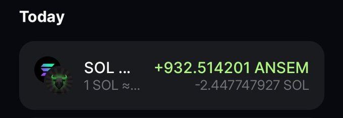 This is a cryptocurrency transaction showing +932.514201 ANSEM received in exchange for 2.447747927 SOL. The accompanying post mentions buying $ANSEM, aligning with the transaction details.