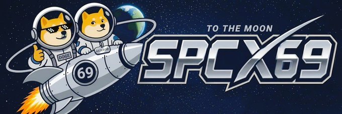Crypto meme banner for 'SPCX69' featuring two Doge characters in astronaut suits riding a rocket, with the tagline 'TO THE MOON'.