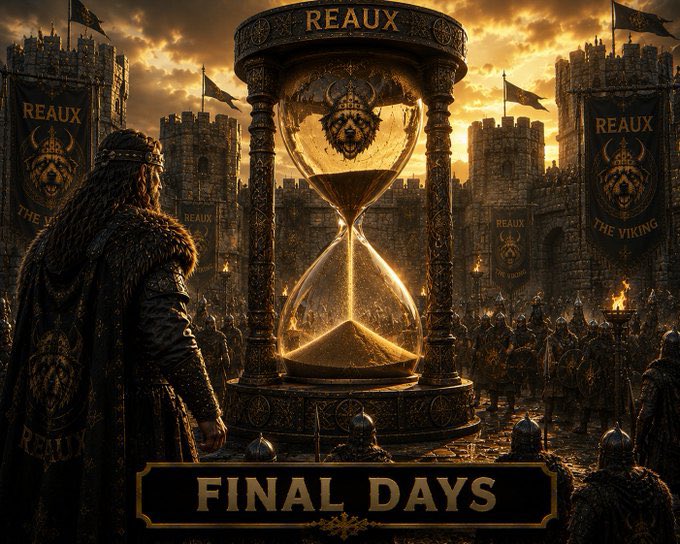 A fantasy-themed digital artwork features a Viking warrior with long hair standing before a massive golden hourglass labeled "REAUX," with "THE VIKING" banners hanging from a medieval castle under dramatic sunset lighting, and "FINAL DAYS" text at the bottom.