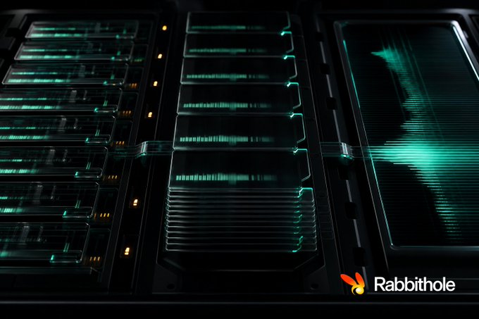 Glowing green digital panels display data streams and a waveform graphic in a futuristic interface, with the Rabbithole logo in the bottom right corner, visually representing the platform's live crypto campaigns and on-chain activity highlighted in the caption.