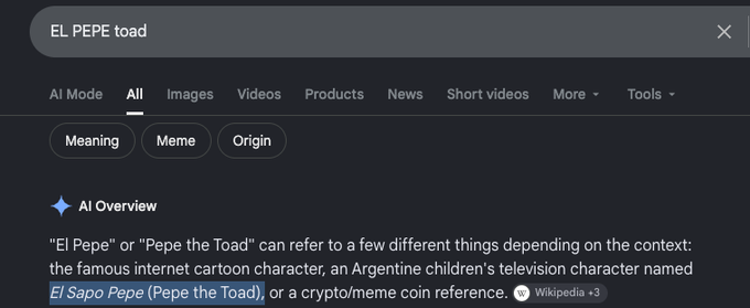 A Google search results page for "EL PEPE toad" with an AI Overview explaining that it can refer to the internet cartoon character, an Argentine children's television character, or a crypto/meme coin.