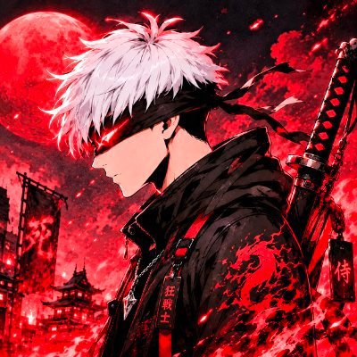 An anime-style illustration of a white-haired character wearing a black headband with a glowing red eye, a dark coat with Japanese characters on a red tag, and a katana on their back, set against a red moon and traditional pagodas.