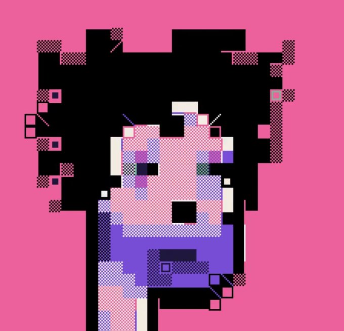 A pixelated digital art portrait of an anime-style character with dark hair and pink skin tones set against a bright pink background, featuring a fragmented, glitch-art aesthetic.