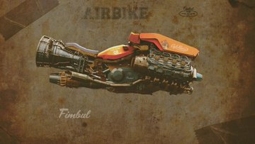 Concept art image titled 'AIRBIKE' by 'Fireball', showing a stylized futuristic flying motorcycle vehicle against a rusty, weathered background.