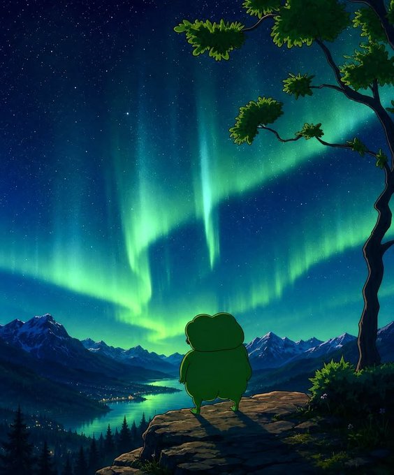 A digital illustration of a green frog character sitting on a cliff, gazing up at a vibrant green aurora borealis over a mountainous landscape with a winding river.