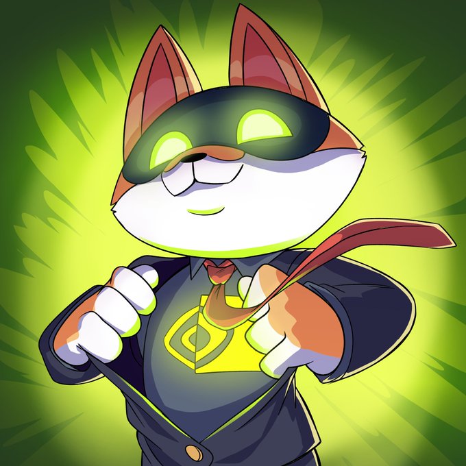 A digital illustration of an anthropomorphic cat character wearing a dark suit and a black mask with glowing green eyes, giving a thumbs-up against a radiating green background.