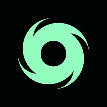 A simple, glowing teal and black circular icon resembling an aperture or a stylized eye with swirling blades against a black background.