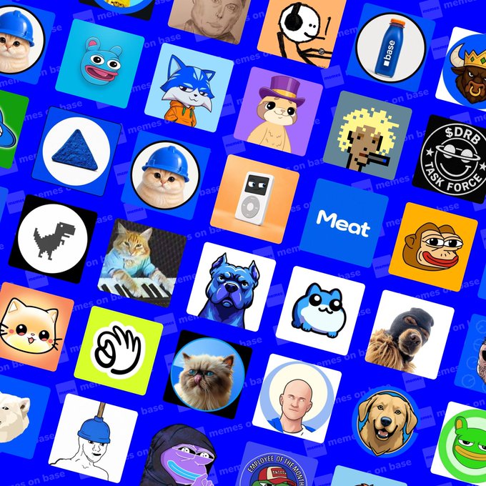 A collage of various memes, logos, and cartoon characters (including Doge, Wojak, and several cats) overlaid on a blue background with repeating 'memes on base' watermarks.