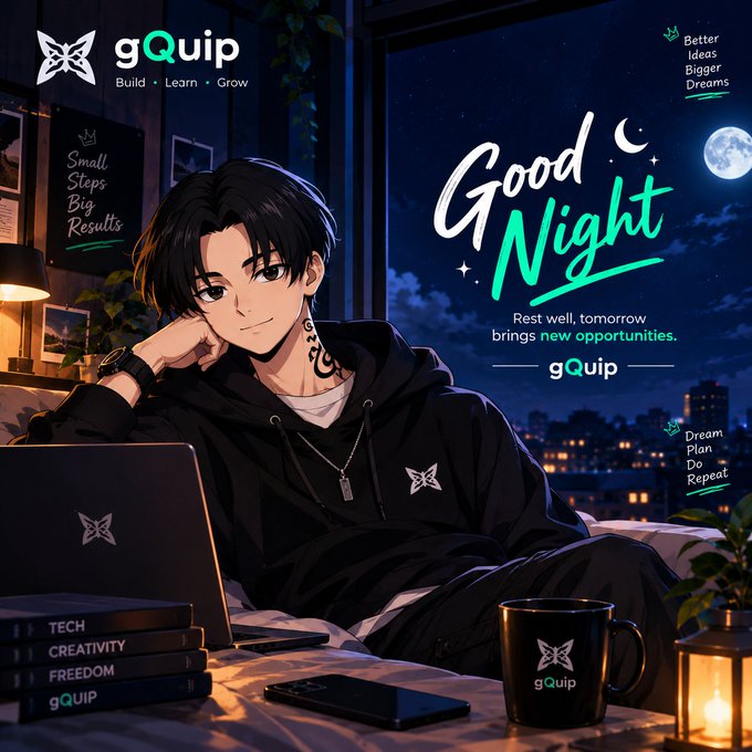 An anime-style 'Good Night' promotional graphic from gQuip featuring a young man with black hair in a hoodie working on a laptop in a moonlit room, with motivational text including 'Better Ideas Bigger Dreams' and 'Dream Plan Do Repeat'.