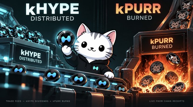 A promotional graphic for a cryptocurrency project showing a cartoon cat mascot, with text reading 'kHYPE DISTRIBUTED' on the left alongside glowing blue tokens, and 'kPURR BURNED' on the right with coins being incinerated in flames; bottom text reads 'TRADE FEES = kHYPE DIVIDENDS = kPURR BURNS' and 'LIVE FROM CHAIN RECEIPTS'.