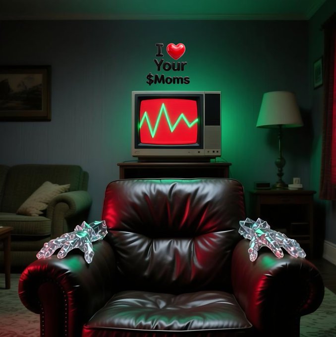 An AI-generated image showing a dark room with a leather armchair holding crystals, a retro TV displaying a green/red chart pattern, and neon-style text reading 'I ❤️ Your $Moms'.