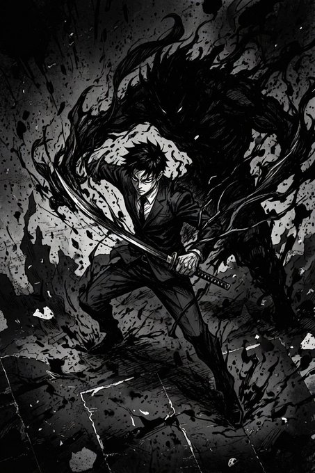 A black-and-white manga-style illustration of a swordsman in a dark suit wielding a katana, surrounded by swirling dark shadows.