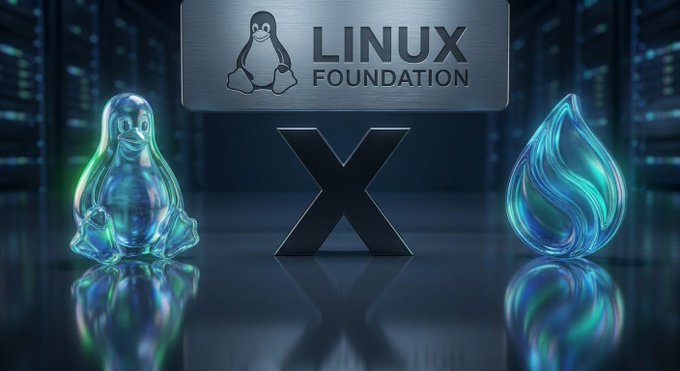 A graphic showing the 'Linux Foundation' logo above a large letter 'X', with the Linux mascot Tux on the left and a stylized flame icon on the right.