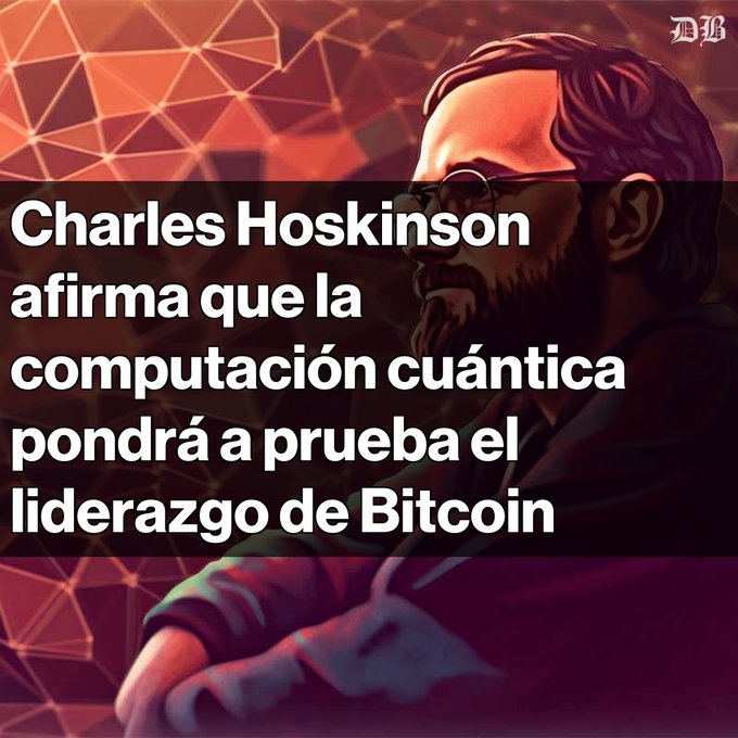 A news graphic featuring an illustrated portrait of Charles Hoskinson with the Spanish text 'Charles Hoskinson afirma que la computación cuántica pondrá a prueba el liderazgo de Bitcoin' against a dark red geometric background.