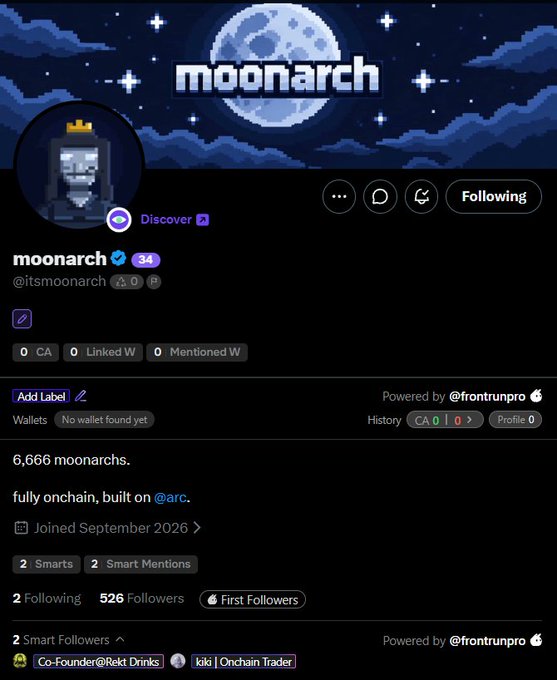 A Twitter/X profile for 'moonarch' (@itsmoonarch) with a pixel art moon banner, showing 526 followers and a bio stating '6,666 moonarchs. fully onchain, built on @arc.'