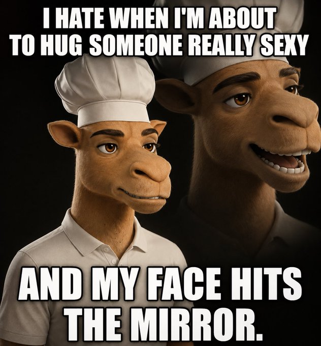 A humorous meme featuring two 3D animated cow chefs with text reading: 'I HATE WHEN I'M ABOUT TO HUG SOMEONE REALLY SEXY AND MY FACE HITS THE MIRROR.'