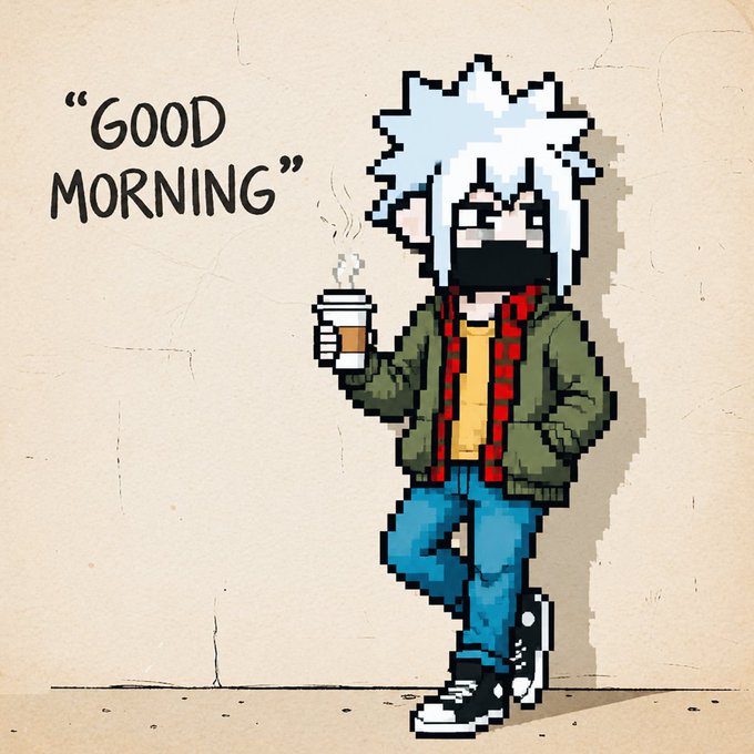 Pixel art illustration of a white-haired character wearing a green jacket and a mask, holding a steaming coffee cup with the text 'GOOD MORNING' beside them.