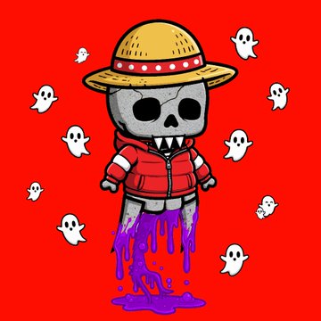 Cartoon-style illustration of a skeleton character wearing a straw hat with a red band and a red hoodie, with purple liquid dripping from its body, surrounded by small ghosts on a red background.