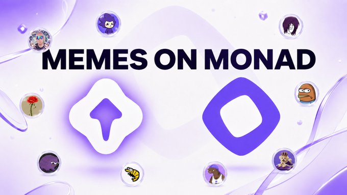 A promotional graphic reading 'MEMES ON MONAD' featuring two purple Monad blockchain logos surrounded by various NFT-style character avatars on a light purple background.