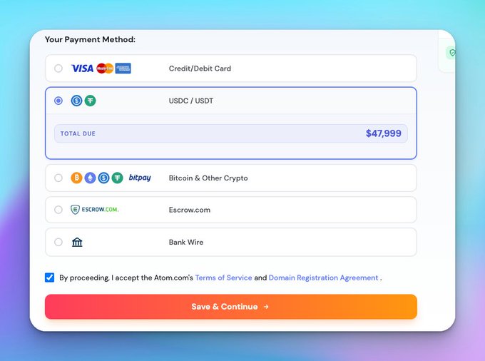 A payment method selection screen from Atom.com showing $47,999 due with USDC/USDT selected, alongside options for Credit/Debit Card, Bitcoin & Other Crypto, Escrow.com, and Bank Wire, supporting the post's message about accepting USDC, USDT, Ether, and Bitcoin for selling premium .ai domains.