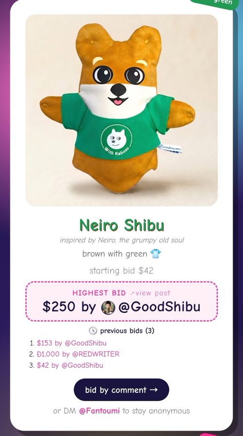 An auction listing for a 'Neiro Shibu' plush toy (brown with green), inspired by Neiro the grumpy old soul, shows a starting bid of $42 and highest bid of $250 by @GoodShibu, with 3 previous bids.