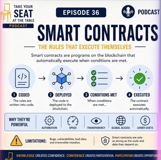 A podcast infographic from 'Take Your Seat at the Table Podcast' (Episode 36) explains 'SMART CONTRACTS - THE RULES THAT EXECUTE THEMSELVES,' outlining a four-step process: Coded, Deployed, Conditions Met, and Executed.