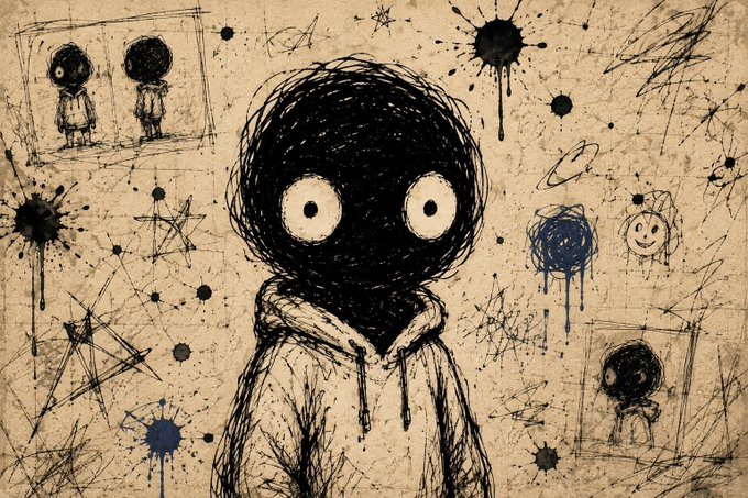 A dark, sketchy illustration of a hooded figure with a black scribbled face and large white eyes, surrounded by ink splatters, stars, and smaller character drawings.