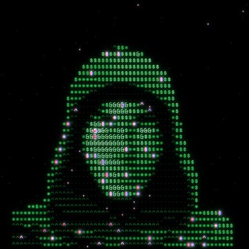 A pixelated green ASCII-style artwork resembling a hooded figure is displayed in a dark void, composed of repeating letter characters (such as "G") that form a digital mosaic portrait. The accompanying post highlights that unlike Robinhood's typical offerings, this onchain art piece by @0xvesty stands out as uniquely original and distinct from standard NFT collections like CryptoPunks.