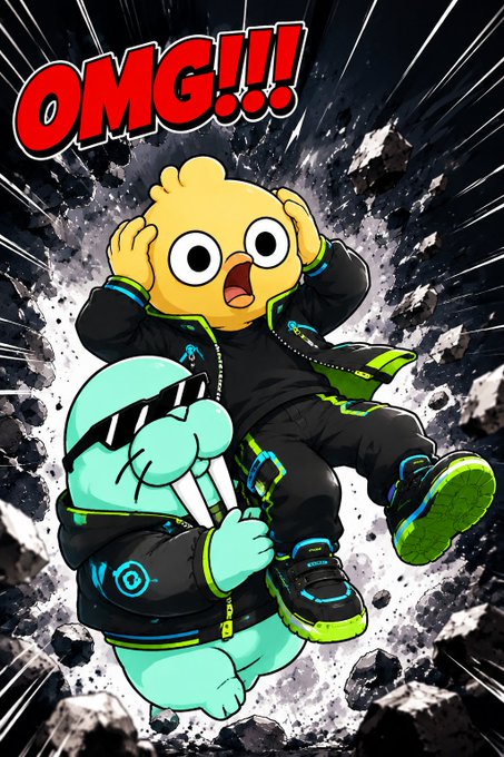A comic-style illustration shows a yellow chick-like character and a mint-green character floating in space, with large red text reading “OMG!!!” at the top.