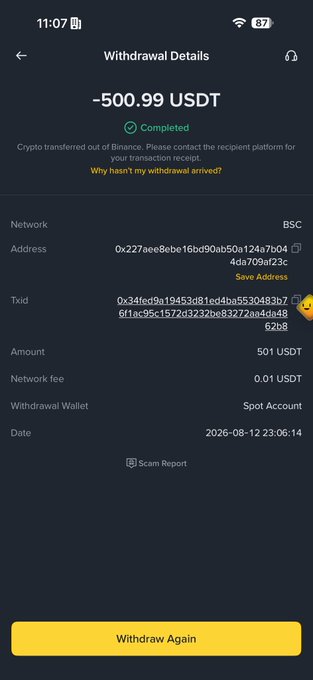 A screenshot of a Binance withdrawal confirmation showing a completed transaction of -500.99 USDT sent to a BSC address, dated 2026-08-12 with a 0.01 USDT network fee. The image serves as proof of a $500 USDT withdrawal, supporting the sender's claim of gifting $500 to their follower @ProfDegen_Idol.